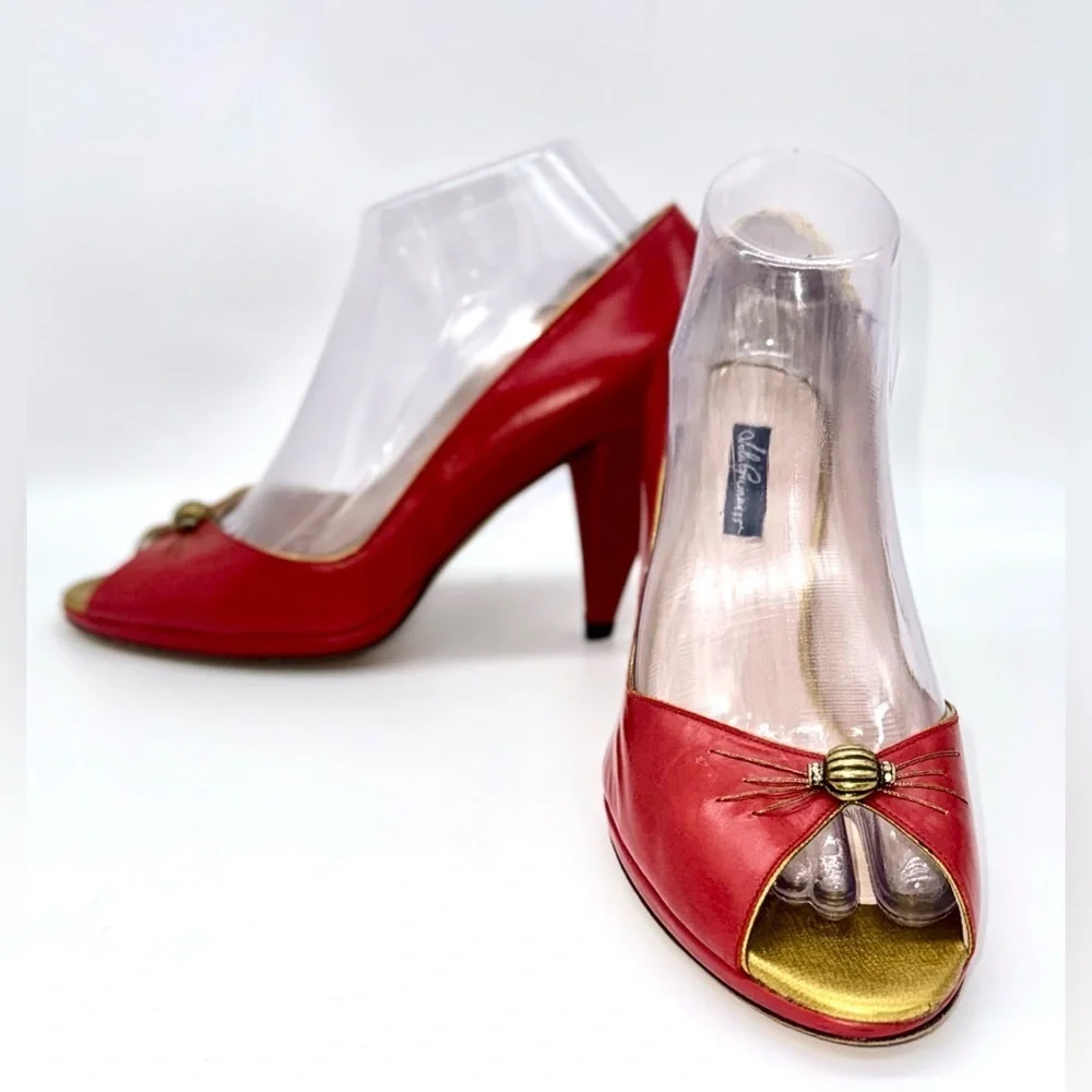 LULU GUINNESS Red Leather 3” Heels Old Style Diamond Accents Size: 39/ US:8